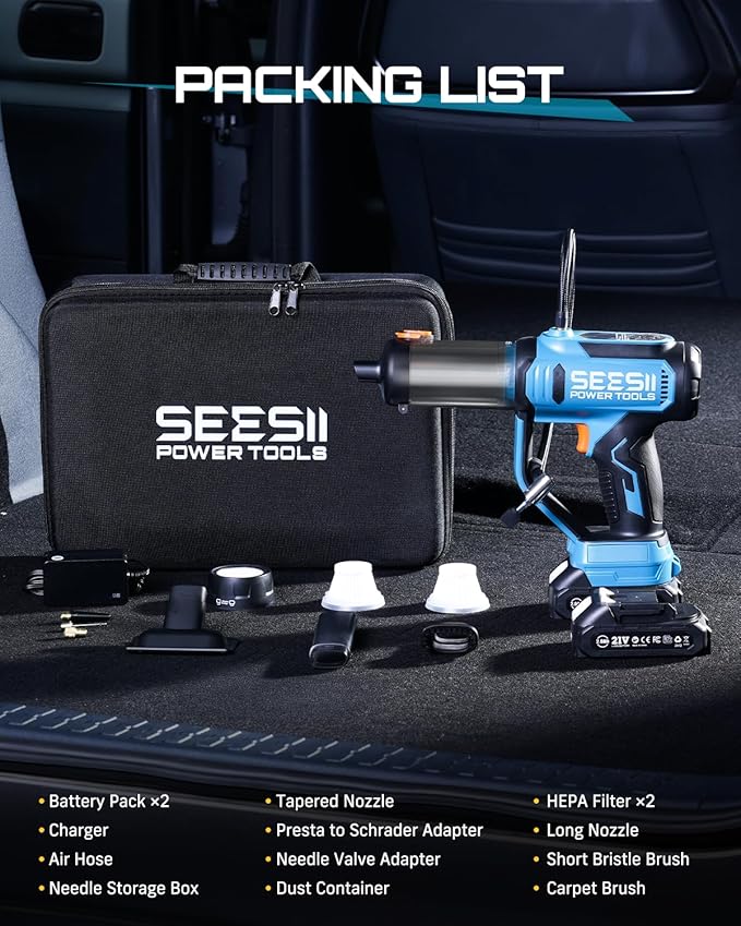 SEESII 3-in-1 Tire Inflator: Portable Air Compressor & Car Vacuum Cleaner & Led Work Light with 2×2000mAh Batteries, 21V Tire Air Pump 150PSI w/Digital Gauge+Auto-Shutoff for Ball/Motorcycle/Car/Home