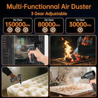 Compressed Air Duster, 150000RPM Electric Air Duster with 3 Gear Speed Adjustable, Rechargeable Cordless Dust Cleaner with Brush/Lighting for Keyboard, PC, Car, Outdoor, Air Bed