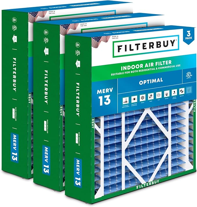 Filterbuy 24x25x5 Air Filter MERV 13 Optimal Smoke & Allergy Defense (3-Pack), Electrostatic Pleated HVAC AC Furnace Filters for Carrier FILXXCAR0024, Maytag & More (Actual Size: 23.63 x 24.69 x 4.25)