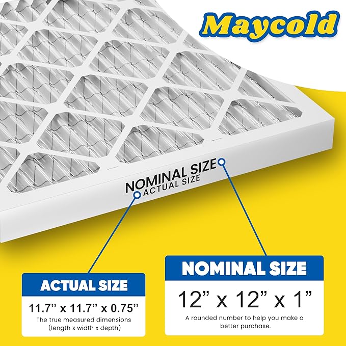 Maycold MERV 8 12x12x1 Furnace Air Filters (6-Pack), Pleated HVAC AC Filters – Actual Size 11.70” x 11.70” x 0.75”, For Residential or Office Use, Individually Wrapped in Plastic