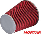 Mortar Aftermarket Auto Air Filter - Car Enthusiast Class Universal Cold Air Intake Gulps in More Air for More Engine Power & Passionate Induction Sound, 8-In-Long, Flange ID 3.5 In, Red
