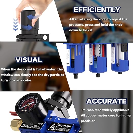 3/8 Inch NPT Three Stage Air Drying System,air Pressure Regulator with 5＆0.01 Micron Filter Cartridge，Desiccant Dryer & Air Regulator, Metal Bowl Manual Drainage-Blue