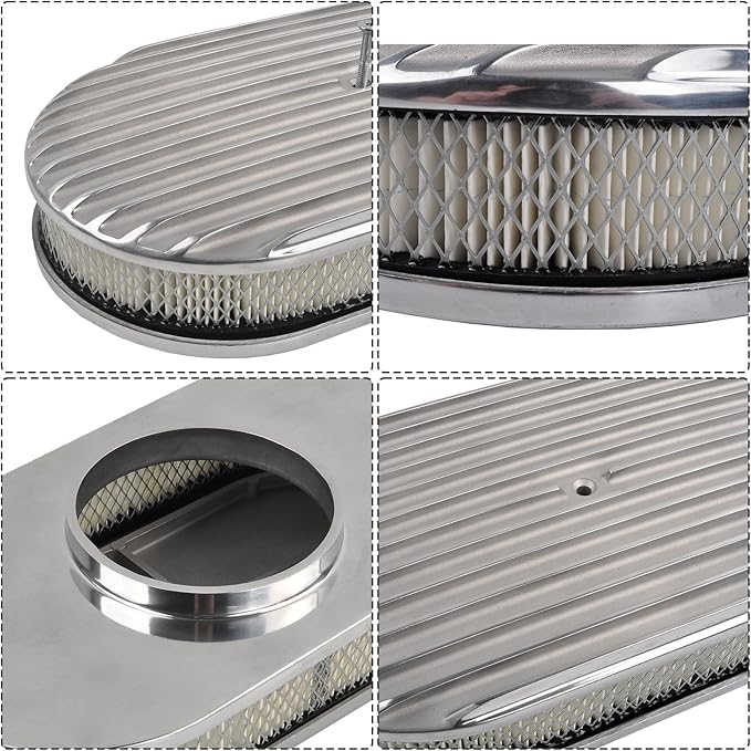 15" Air Cleaner Kit Polished Aluminum Oval Full Finned Retro Compatible with Classic Chevy Ford