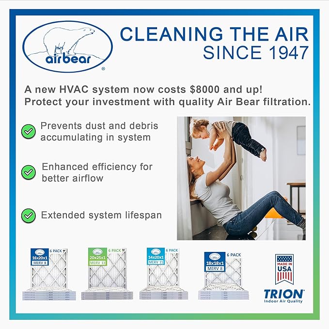 16x20x1 Air Filter MERV 8 (5-Pack) TRION Air Bear Pleated HVAC Air Filter Replacement (Actual Size: 15.50 x 19.50 x 0.75 Inches) Comparable to MPR 600, FPR 4-5