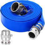 DAVCO 1-1/2" ID × 50 ft PVC Lay Flat Discharge Hose, Heavy Duty Reinforced Blue Pool Backwash Hoses For Swimming Drain Pools, with Aluminum Camlock C and E Fittings, Cam Lock Fitting Type F included