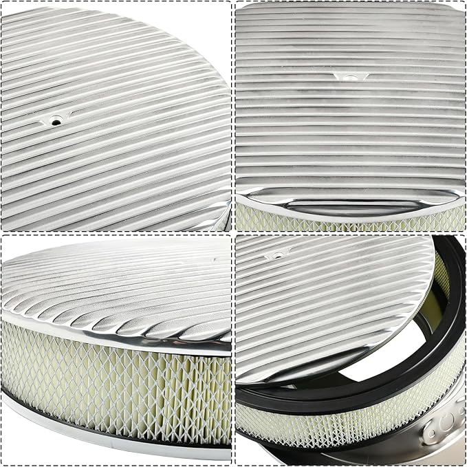 14 x 3 Inch Round Polished Air Cleaner Kit Fully Finned Top with Flat Style Base Compatible with Chevy Ford GM