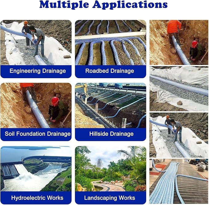 French Drain Pipe for Lawn, 2" 3" 4" 6" Corrugated Perforated Drains Pipes 3 5 12 25 50 100 Ft- Soil Infiltration Ground Water Drainage(Blue-Dia 15cm(5.9in),L 125ft)