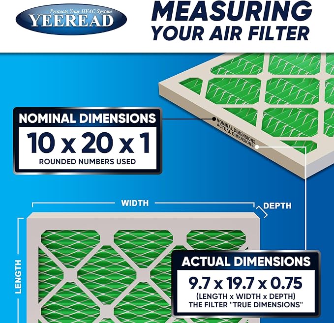 10x20x1 MERV 13 Air Filters, 6-Pack, Actual Size: 9.70" x 19.70" x 0.75", Pleated Design with Enhanced Filter Media for Superior Filtration,Perfect for HVAC, AC & Furnace Systems