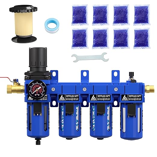 3/8" NPT Compressed Air Filter Regulator Lubricator Combo,Air Compressor Dryer Oil Water Separator,Brass Cartridge with Double Desiccant - Gauge(0-150 psi), Poly Bowl, Semi-Auto Drain, Bracket