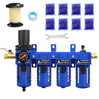 3/8" NPT Compressed Air Filter Regulator Lubricator Combo,Air Compressor Dryer Oil Water Separator,Brass Cartridge with Double Desiccant - Gauge(0-150 psi), Poly Bowl, Semi-Auto Drain, Bracket