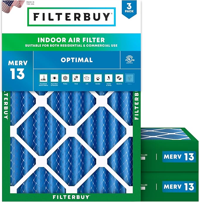 Filterbuy 16x20x4 Air Filter MERV 13 Optimal Smoke & Allergy Defense (3-Pack), Electrostatic Pleated HVAC AC Furnace Filters Replacement, Made in USA (Actual Size: 15.50 x 19.50 x 3.63)