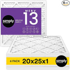 Simply 20x25x1 Air Filter, Merv 13, 6 Pack, For Home AC Furnace & HVAC (Actual Size: 19.75"x24.75"x0.75") DUST, Pet, & Allergy Control