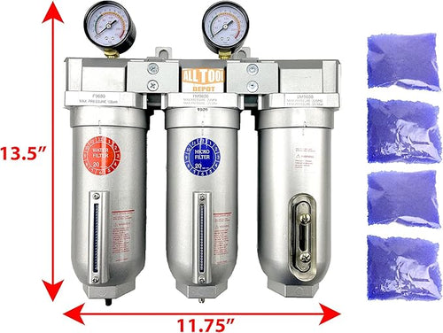 1" NPT SUPER DUTY Industrial Grade 3 Stages Filter Coalescing Desiccant Dryer System For Compressed Air Lines, Metal Bowls, Great For Paint Spray And Plasma Cutter (AUTO DRAIN)