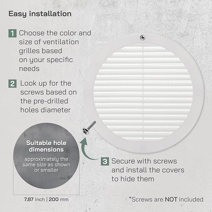 Vent Systems 8" Inch (Opening Dimensions) - Pack of 100 - White Soffit Vent Cover - Plastic Round Air Vent Grille - Built-in Mesh Screen - HVAC Register Louver for Bathroom, Home, Kitchen