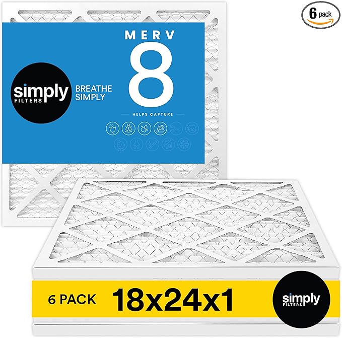 Simply 18x24x1 Air Filter, Merv 8, 6 Pack, For Home AC Furnace & HVAC (Actual Size: 17.75"x23.75"x0.75") DUST, Pet, & Allergy Control
