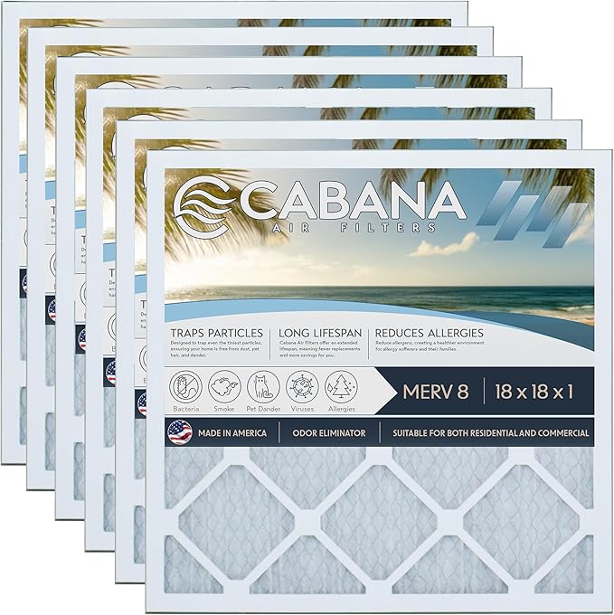 Cabana Filters 6-Pack 18x18x1 MERV 8 AC Furnace Air Filter for Home and Office - Indoor HVAC System Filtration Replacement, Captures Unwanted Particles