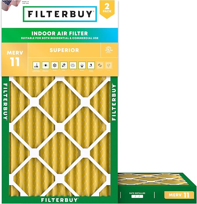 Filterbuy 12x25x2 Air Filter MERV 11 Superior Pet & Allergy Defense (2-Pack), Electrostatic Pleated HVAC AC Furnace Filters Replacement, Made in USA (Actual Size: 11.50 x 24.50 x 1.75)