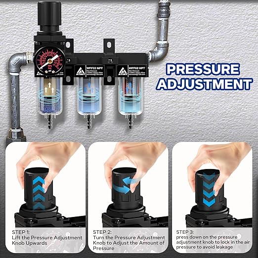 3 Stage Air Dryer 1/4" NPT,Air Dryer System Air Compressor Filter Dryer,5 &0.5 &0.01 Micron Filter Cartridge,Semi-Auto Drain, Metal Bracket-Blue
