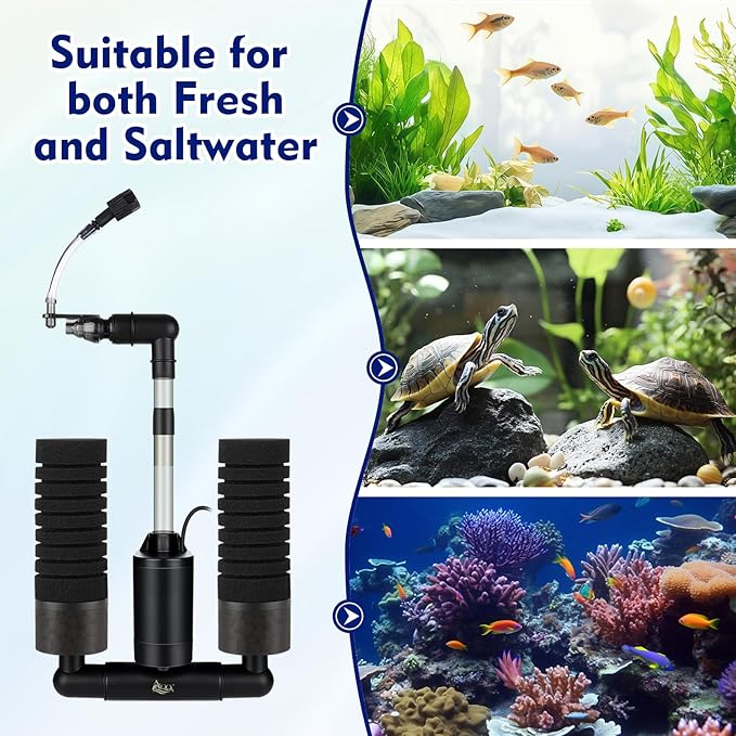 AQQA Electric Sponge Filter for Aquarium – Quiet USB Powered Breeding & Shrimp Filter with Bio Ceramic Media, Adjustable Air Intake & 360° Rotatable Outflow (110V Adapter Included) (S)