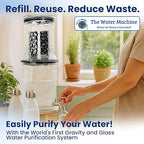 The Water Machine All Glass Purifier - Gravity Fed Water Filtration System with Activated Carbon Filters, Off Grid Emergency & Home Survival Portable Countertop Filter with Wooden Stand - 3 Gallon