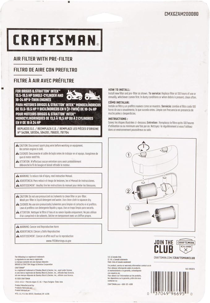 Craftsman SBD Air Filter with Pre-Filter for Riding Mowers and Zero-Turn Mowers, Black