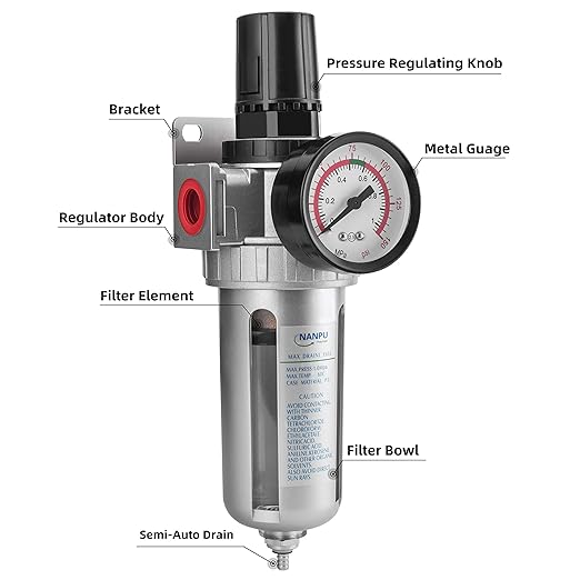 NANPU 1/2" NPT Compressed Air Filter Regulator Combo, Air Filter Pressure Regulator Gauge Kit Water Separator w/Pressure Gauge, 150PSI