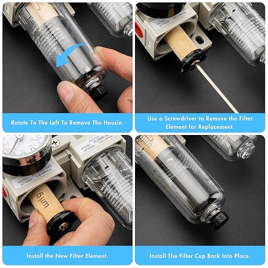 1/4" NPT Air Compressor Water Separator Regulator Filter Combo Compressed Air Filter Dryer Pressure Regulator with Gauge(0-150 psi) Poly Bowl Auto Drain Bracket - 3 in 1 Two Unit