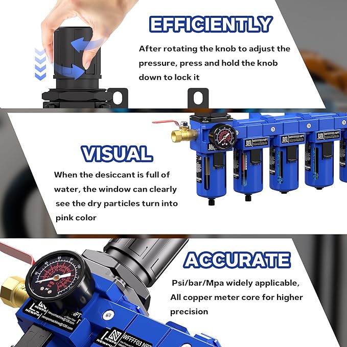 NEWPO 3/8" NPT 5 Stage Air Dryer for Compressor,Brass Filter&Coalescing Filter,Triple Desiccant Dryer Air Drying System,Air Pressure Regulator with Semt-Auto Drain (Blue)