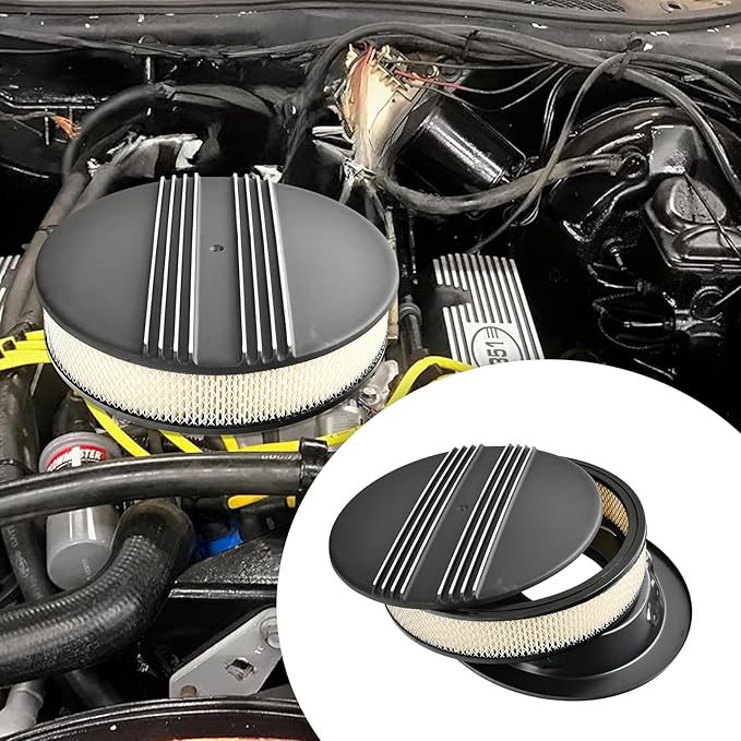 14 x 3 Inch Round Black Air Cleaner Kit Half Finned Drop Base Compatible with Chevy Ford GM