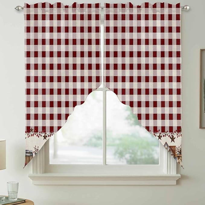 Swag Curtain Valances for Kitchen Windows,Farm Barn Western Star on Vintage Short Rod Pocket Window Valance,Red Buffalo Plaid Swag Topper for Bedroom Living Room,2 Panels 28x36in