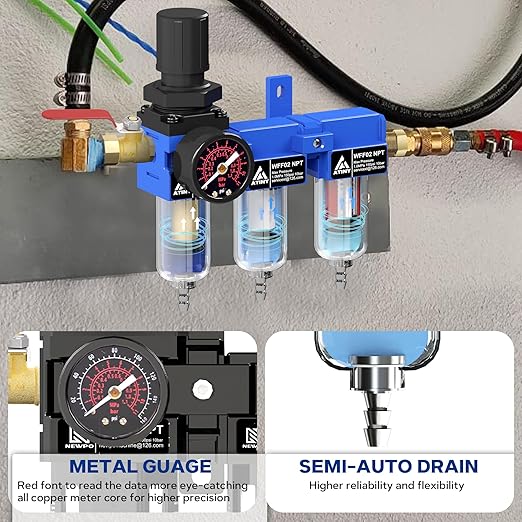 3 Stage Air Dryer 1/4" NPT,Air Dryer System Air Compressor Filter Dryer,Air Dryer for Compressor,5 &0.5 &0.01 Micron Filter Cartridge,Semi-Auto Drain, Metal Bracket-Blue