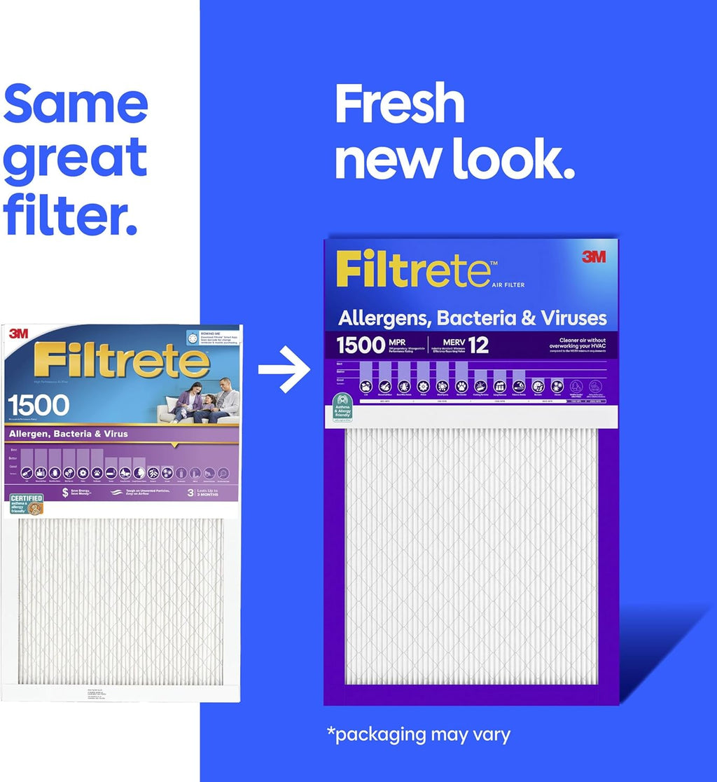 Filtrete 14x14x1 Air Filter, MERV 12, MPR 1500, Allergens, Bacteria & Viruses, 3-Month AC and Furnace Filters, Cleaner Air, Reliable Airflow, 2 HVAC Filters (Actual Size 13.81 x 13.81 x 0.78 in)