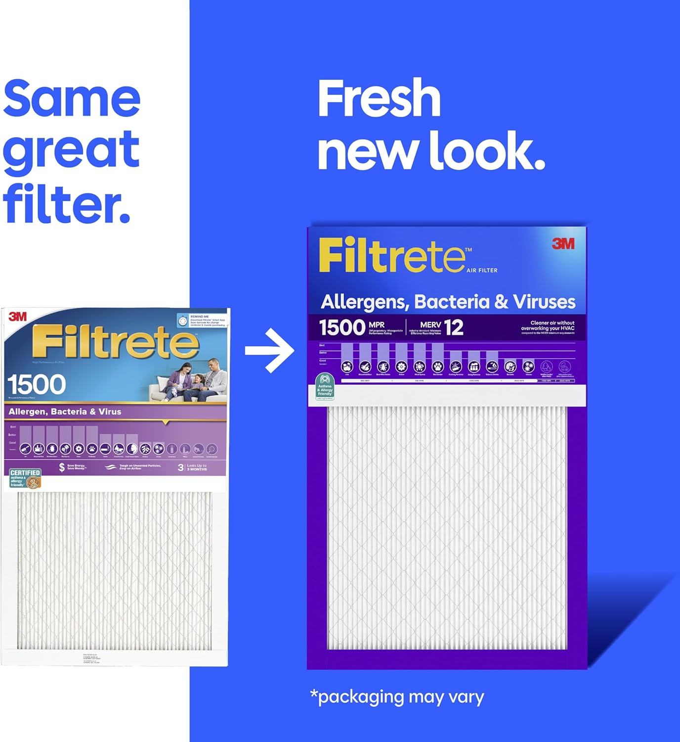 Filtrete 14x14x1 Air Filter, MERV 12, MPR 1500, Allergens, Bacteria & Viruses, 3-Month AC and Furnace Filters, Cleaner Air, Reliable Airflow, 2 HVAC Filters (Actual Size 13.81 x 13.81 x 0.78 in)
