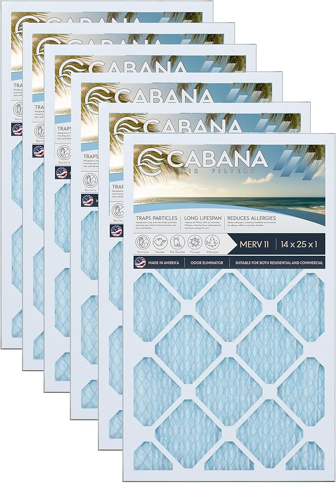 Cabana Filters 6-Pack 14x25x1 MERV 11 AC Furnace Air Filter for Home and Office - Indoor HVAC System Filtration Replacement, Captures Unwanted Particles