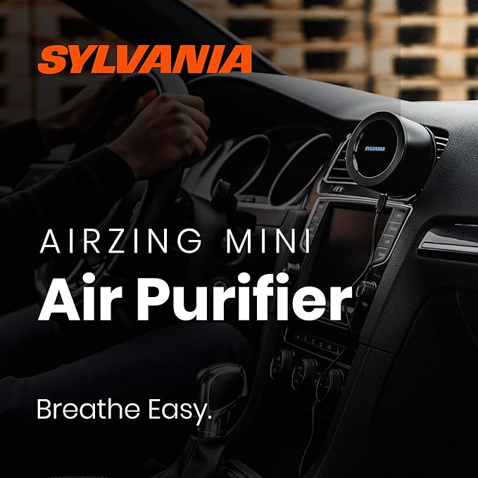 SYLVANIA - Airzing Mini Air Purifier - Vehicle, Car, Home, Office - Air Ionizer, USB-C powered, Reduces Odors, Smoke, Pets Dandruff, Reusable Filter, Portable, Quiet, UV Light, DC 5V, 0.5A