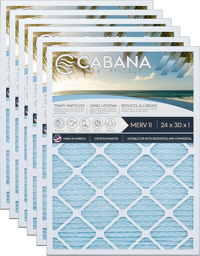 Cabana Filters 6-Pack 24x30x1 MERV 11 AC Furnace Air Filter for Home and Office - Indoor HVAC System Filtration Replacement, Captures Unwanted Particles