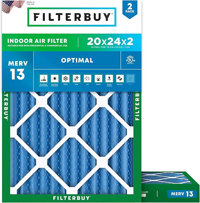 Filterbuy 20x24x2 Air Filter MERV 13 Optimal Smoke & Allergy Defense (2-Pack), Electrostatic Pleated HVAC AC Furnace Filters Replacement, Made in USA (Actual Size: 19.38 x 23.38 x 1.75)