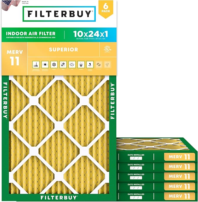 Filterbuy 10x24x1 Air Filter MERV 11 Superior Pet & Allergy Defense (6-Pack), Electrostatic Pleated HVAC AC Furnace Filters Replacement, Made in USA (Actual Size: 9.50 x 23.50 x 0.75)