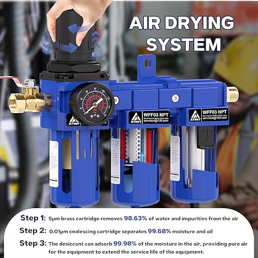 3/8 Inch NPT Three Stage Air Drying System,air Pressure Regulator with 5＆0.01 Micron Filter Cartridge，Desiccant Dryer & Air Regulator, Metal Bowl Manual Drainage-Blue