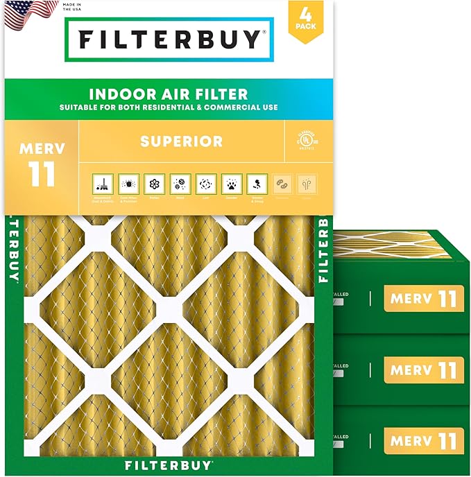 Filterbuy 18x25x4 Air Filter MERV 11 Superior Pet & Allergy Defense (4-Pack), Electrostatic Pleated HVAC AC Furnace Filters Replacement, Made in USA (Actual Size: 17.50 x 24.50 x 3.63)