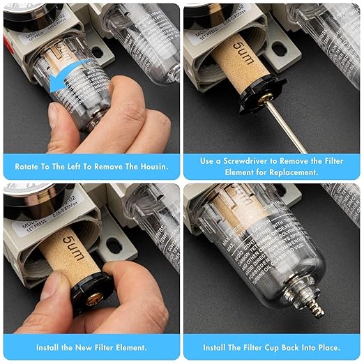 1/4" NPT Air Compressor Water Separator Regulator Filter Combo Compressed Air Filter Dryer Pressure Regulator with Gauge(0-150 psi) Poly Bowl Semi-Auto Drain Bracket - 3 in 1 Two Unit
