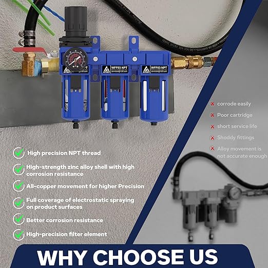 3/8 Inch NPT Three Stage Air Drying System,air Pressure Regulator with 5＆0.01 Micron Filter Cartridge，Desiccant Dryer & Air Regulator, Metal Bowl Manual Drainage-Blue