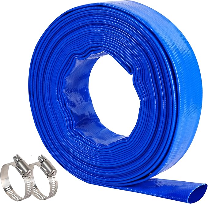 2.5" x 50 FT Pool Backwash Hose, Blue Heavy Duty Reinforced PVC Lay Flat Water Discharge Hose for Swimming Pool Filter Pump,with 2 Clamp