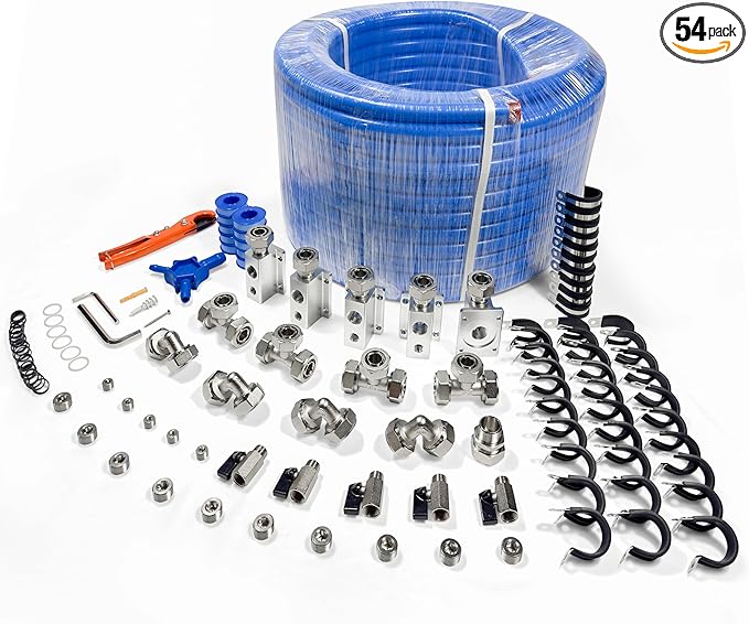 Compressed Air Piping System with 3/4 Inch ID x 200 feet HDPE Tubing & Aluminum Outlet Blocks for Garage Connect Air Compressor Line Kit Accessories for Shop | 200 PSI | 53PCS |9120