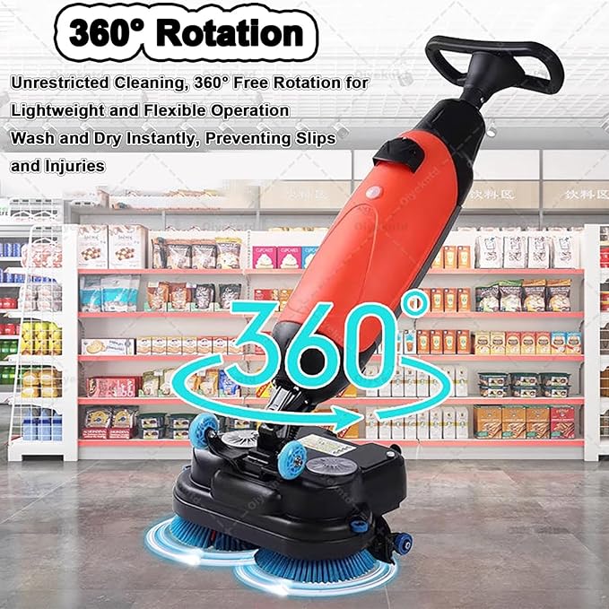 Commercial Floor Scrubber Machine Lightweight Electric Floor Cleaner with 17" Cleaning Width, Rotary Double Brushes, 360° Rotating Head, Efficiently Scrubs The Floor and Leaves it Dry Red