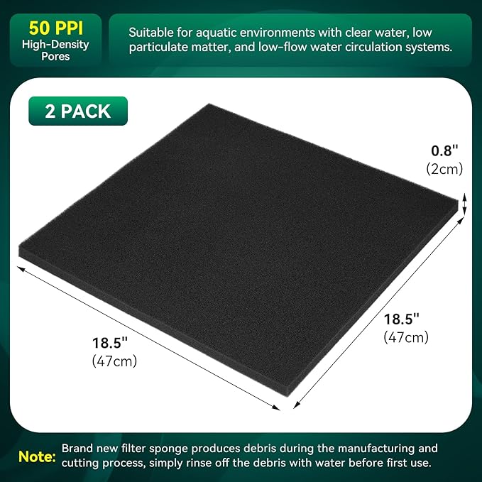 Borlech Aquarium Bio Filter Sponge Pad - Cut-to-Size Aquarium Filter Media for Fish Tank, Pond, Sump - Mechanical & Biological Filtration (18.5"x18.5"x0.8", 50PPI, 2 Pack)