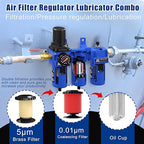 NEWPO 1/2'' NPT Compressed Air Filter Regulator Lubricator Combo with Pressure Gauge,Brass Filter and Coalescing Filter,Semi-Auto Drain, Metal Bracket-Blue