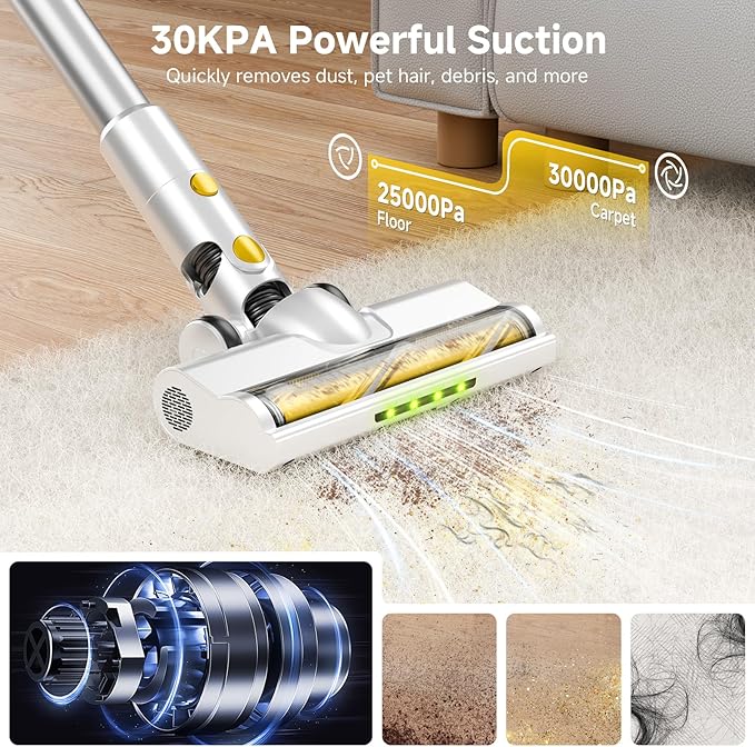Cordless Vacuum Cleaner for Home, Powerful Stick Vacuum with Rechargeable Battery, Green Light Anti-Tangle Brush, 6-in-1 Lightweight Handheld Vacuum for Pet Hair, Hard Floor, Carpet, Yellow