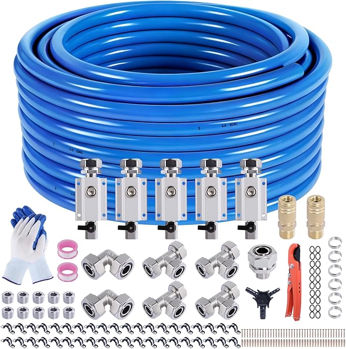 Shop Air Line Kit 3/4” 200FT Compressed Air Piping System HDPE-Aluminum-HDPE Air Tubing with 4-Way Aluminum Blocks Brass Valves Air Piping Fittings Kit Air Compressor Accessories for Garage