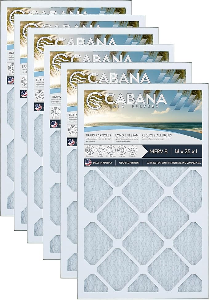 Cabana Filters 6-Pack 14x25x1 MERV 8 AC Furnace Air Filter for Home and Office - Indoor HVAC System Filtration Replacement, Captures Unwanted Particles